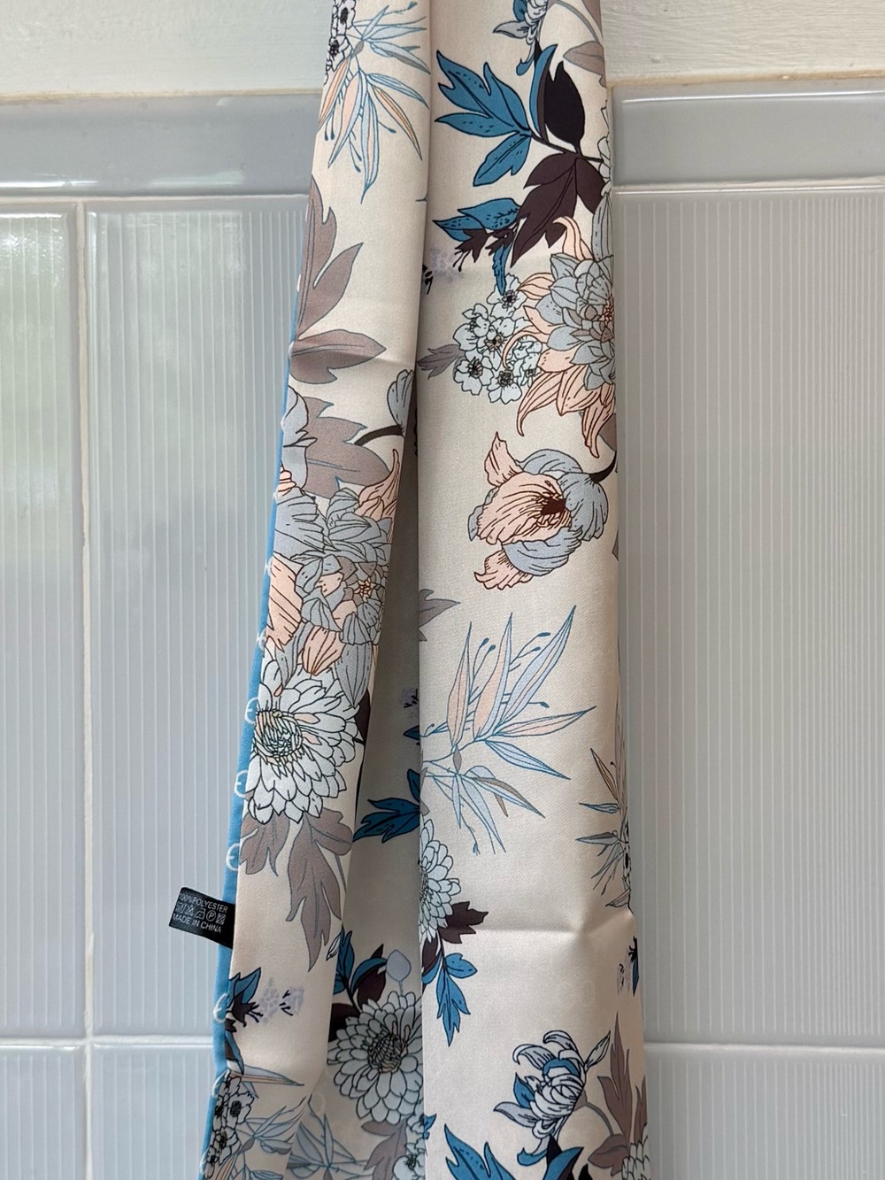 Floral Satin Scarf in Cream, Blue & Taupe